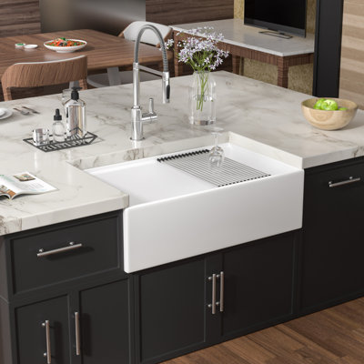 33"L x 20"W Undermount Workstation Kitchen Sink Ceramic Rectangular Farmhouse Apron Single Bowl Kitchen Sink with Bottom Grid,Cutting Board