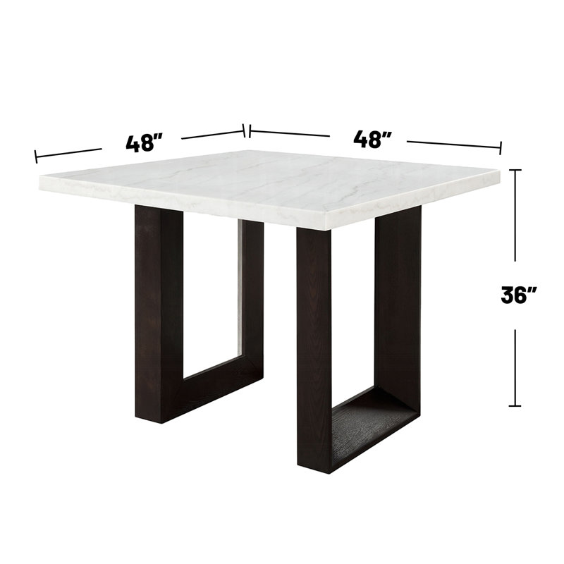 Table carrée en marbre naturel à hauteur de comptoir avec base en U double blanche et espresso