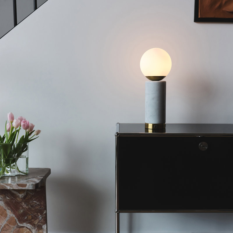 White Marble and Gold Touch Table Lamp with USB Port