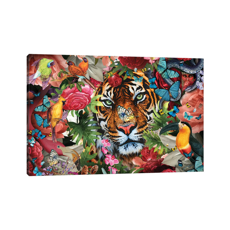 Tropical Flowers And Tiger by Claudia McKinney - Gallery-Wrapped Canvas Giclée on Canvas, Canvas, 20.32 cm H x 30.48 cm W