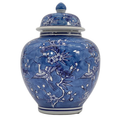 Pot à gingembre en céramique chinoise à décor floral bleu et blanc de grues, 25 cm