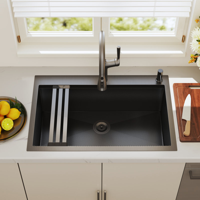 Blenzia 33 Inch Black Drop In Kitchen Sink 33x22 Workstation Topmount Honeycomb Coating Stainless Steel Gunmetal Black Single Bowl Sinks 33" x 22" x 9"