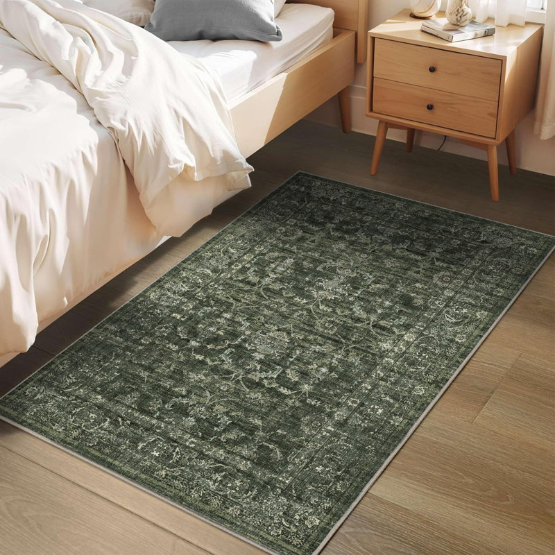 Vintage Boho Area Rug - Washable Non Slip Low Pile Rug, Dark Green, Rectangle 2' x 3'