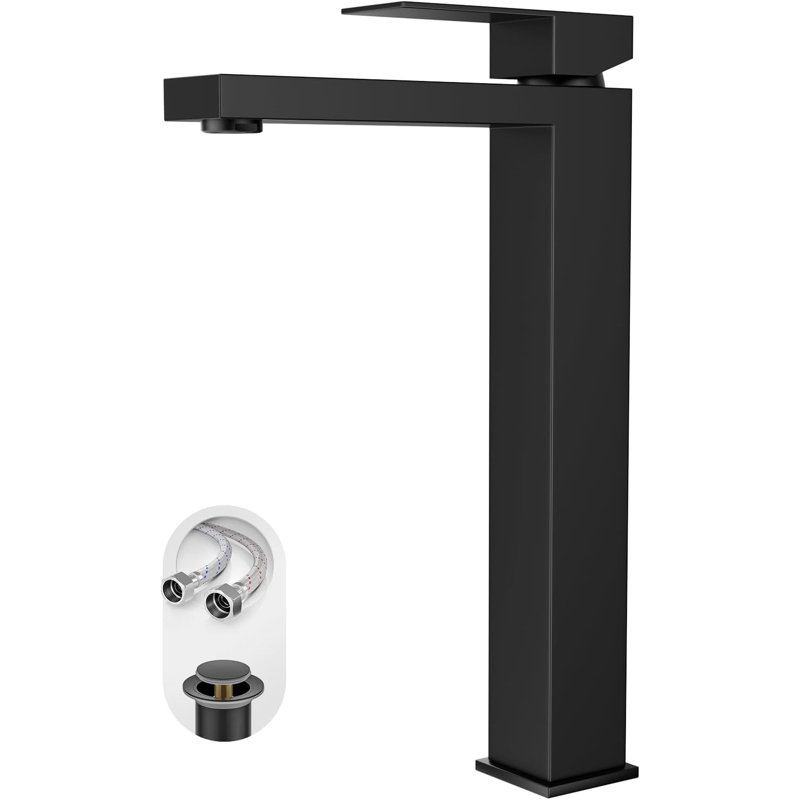 Robinet de lavabo vasque noir à poignée simple avec tuyau d'alimentation en eau au-dessus du comptoir et drain escamotable