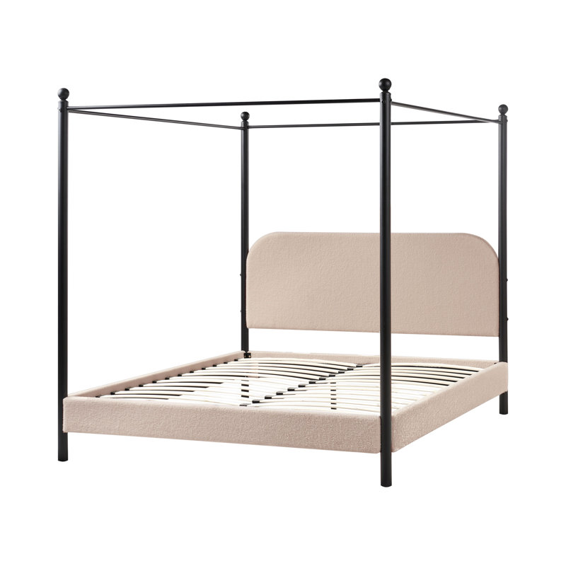 Four Poster Bed Boucle DANNEMOIS, Taupe, European Kingsize (160 x 200 cm)