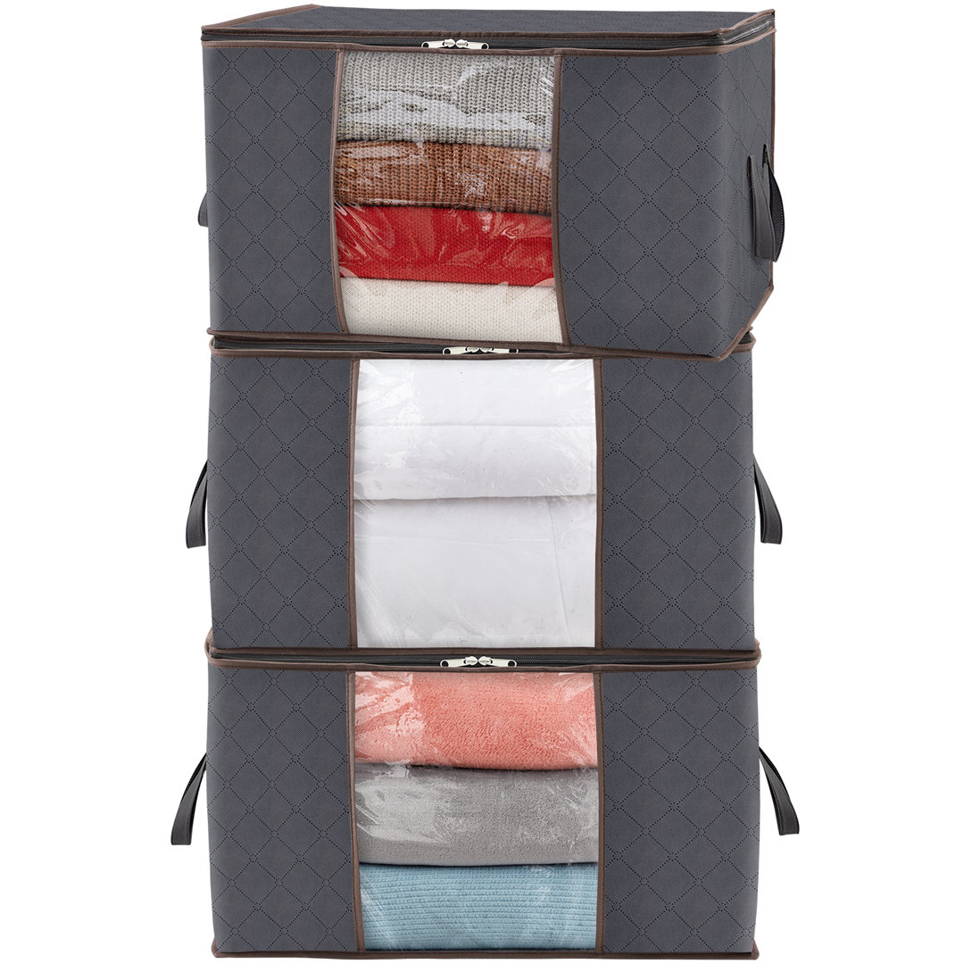 Underbed Storage Bags With Lid And Zips, Large Foldable Clothes Packing Boxes With Reinforced Handle, Thick Fabric Clear Window For Duvet Blankets Bed