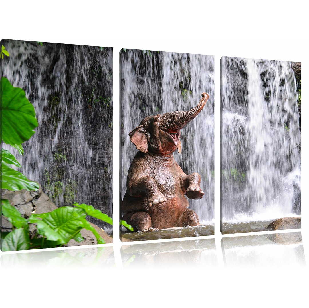 3-tlg. Leinwandbilder-Set Babyelefant am Wasserfall, Grafikdruck