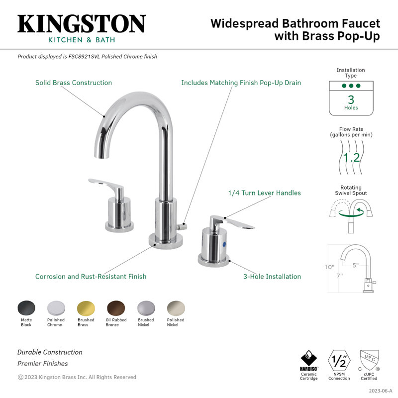 Kingston Brass Serena Two-Handle 3-Hole Deck Mount Widespread Bathroom Faucet with Brass Pop-Up Drain, Polished Nickel