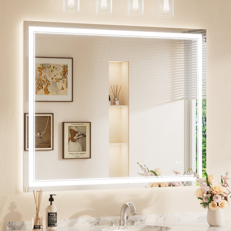 Frontlit and Backlit LED Bathroom vantiy Mirror,3 Color Dimmable Light & Anti-fog Tempered Glass mirror, Rectangle, 44" x 36"