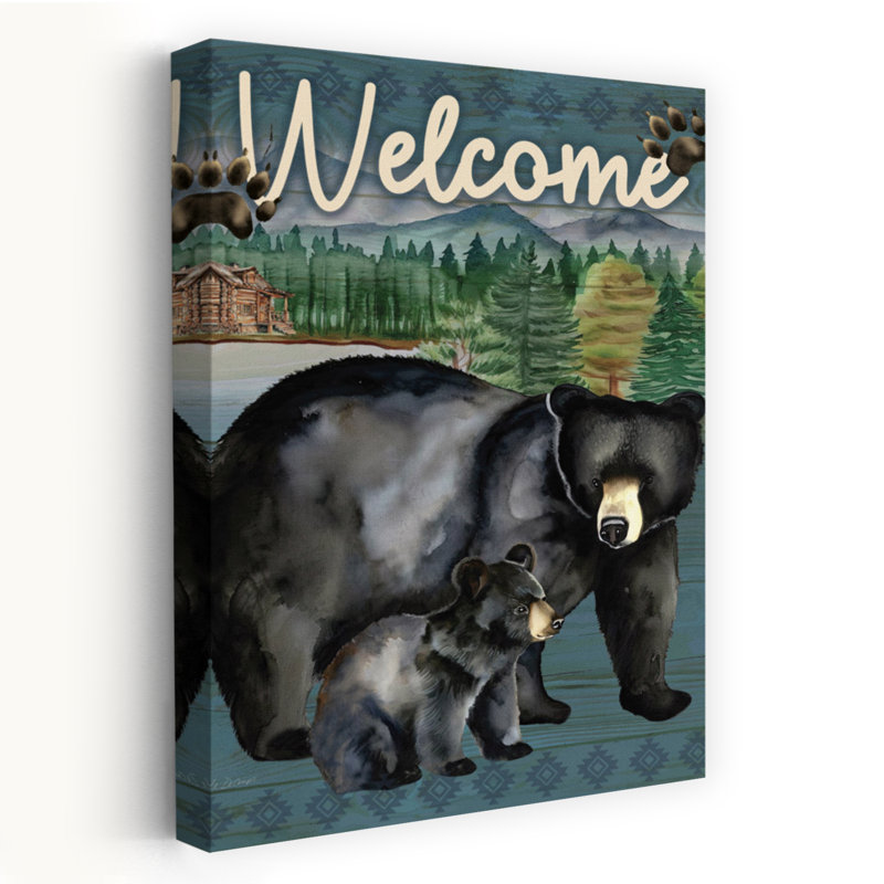 «Black Bears Welcome», art typographique «Welcome Lodge» contemporain, H 60 po x l 40 po