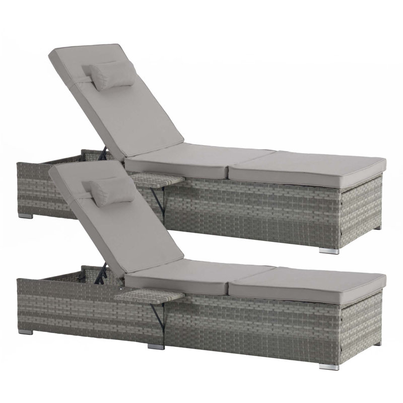 Outdoor Chaise Lounge Chair Set Of 2,Recliners With Adjustable Backrest, Table, Cushion, Light Gray