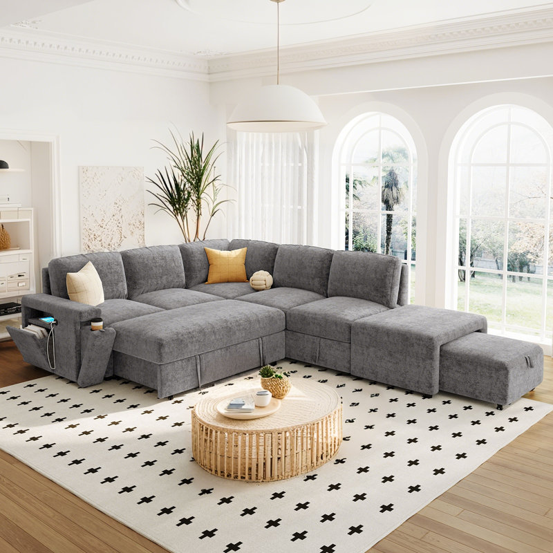 Canapé-lit modulaire rembourré en L avec espace de rangement, ports USB et porte-gobelets sur les accoudoirs, Gris