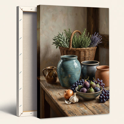 Tableau sur toile représentant un panier d'herbes aromatiques et de fruits frais sur une table en bois