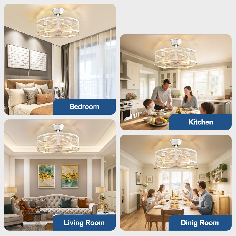 20" Caged Ceiling Fans with Remote App Control for Patio Kitchen Bedroom, Farmhouse Flush Mount Ceiling Fan with Lights Reversible 6 Speed Timer Cement