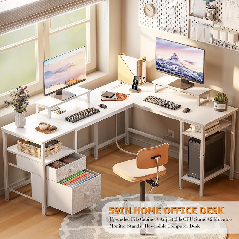 Bureau en L avec alimentation intégrée et ports USB