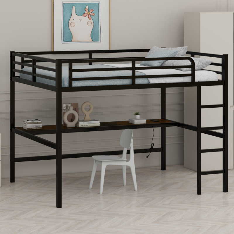 Metal Loft Bed With Power Outlet And LED Lighted, Space-Saving, Black