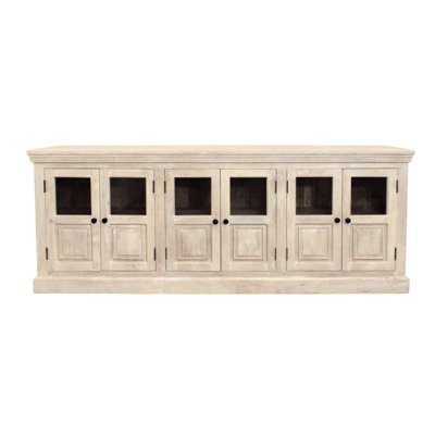 93" White Solid Wood Distressed Sideboard with Six Glass Doors