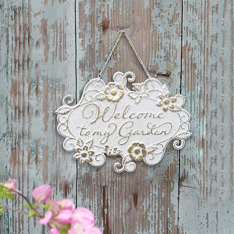 Panneau de bienvenue «Welcome To My Garden» pour décor de jardin Rustic Farmhouse Backyard Outdoor Wall Decor (White)