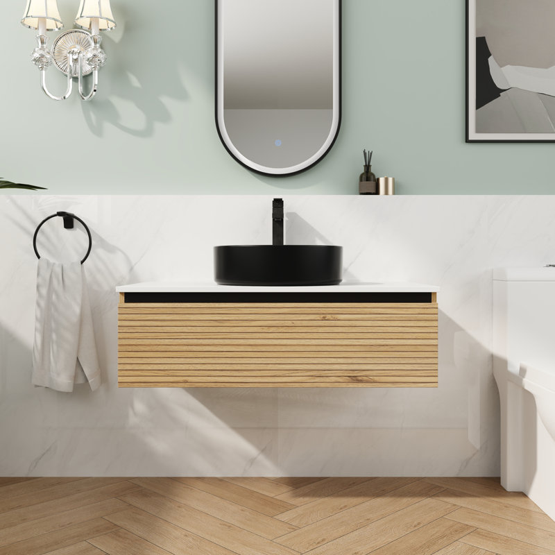 Meuble-lavabo mural 36 po avec lavabo en céramique et tiroir à fermeture en douceur, 35.43", Noir