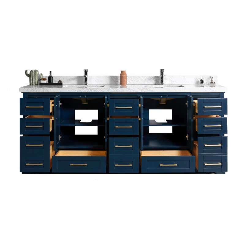 Eser 84'' Double Bathroom Vanity with Top, Straight Empira Quartz, Navy Blue
