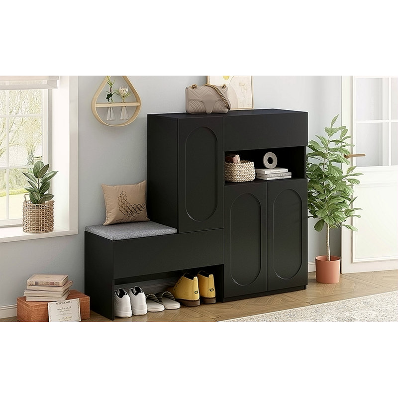 Élégant range-chaussures 2-en-1 avec coussin moelleux, banc de rangement moderne avec portes arquées et dispositifs de rebond, range-chaussures polyvalent avec tablettes réglables pour le couloir et le salon