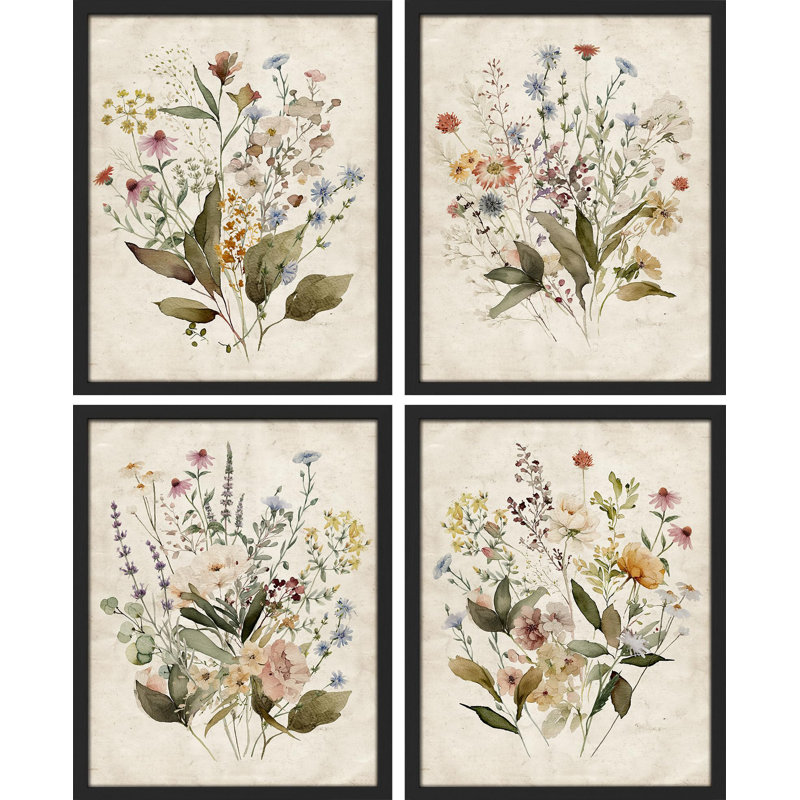 Vintage Wildflowers Bouquet Antique Botanical Floral Pictures Framed Paper 4 Pieces Print Wall Art, Natural, 16" H x 12" W