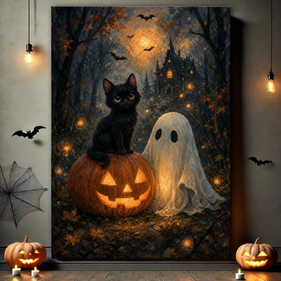 Sweet Black Cat And Friendly Ghost Beside Glowing Pumpkin Near Haunted House, Vintage Halloween Oil Painting Canvas Wall Art Decor