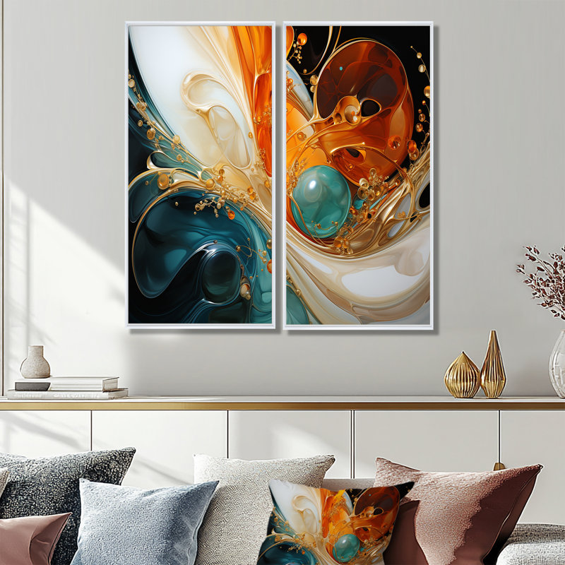 «Orange and Emerald Marble Lava I», peinture abstraite sur toile, H 32 po x l 32 po, Reproduction encadrée sans passe-partout