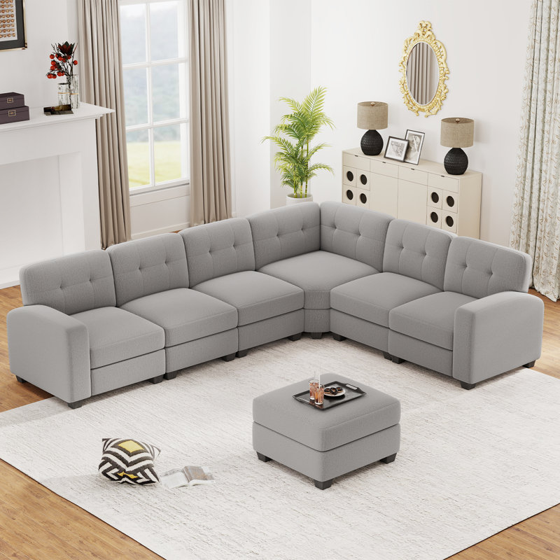 6 - Piece Soft Upholstered Modern Modular Sectional Sofa Set With Movable Ottoman, Silver Polyester Blend