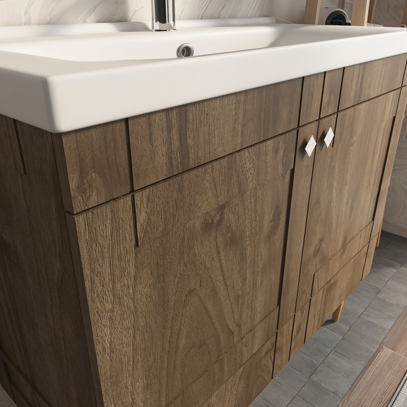 Meuble-lavabo avec lavabo en céramique Sara, Noyer, 39"