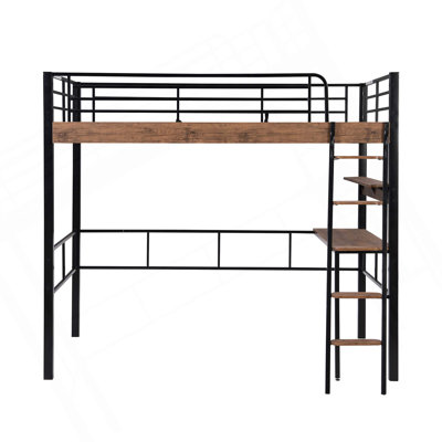 Lit mezzanine en métal avec bureau intégré, tablette de rangement et échelle