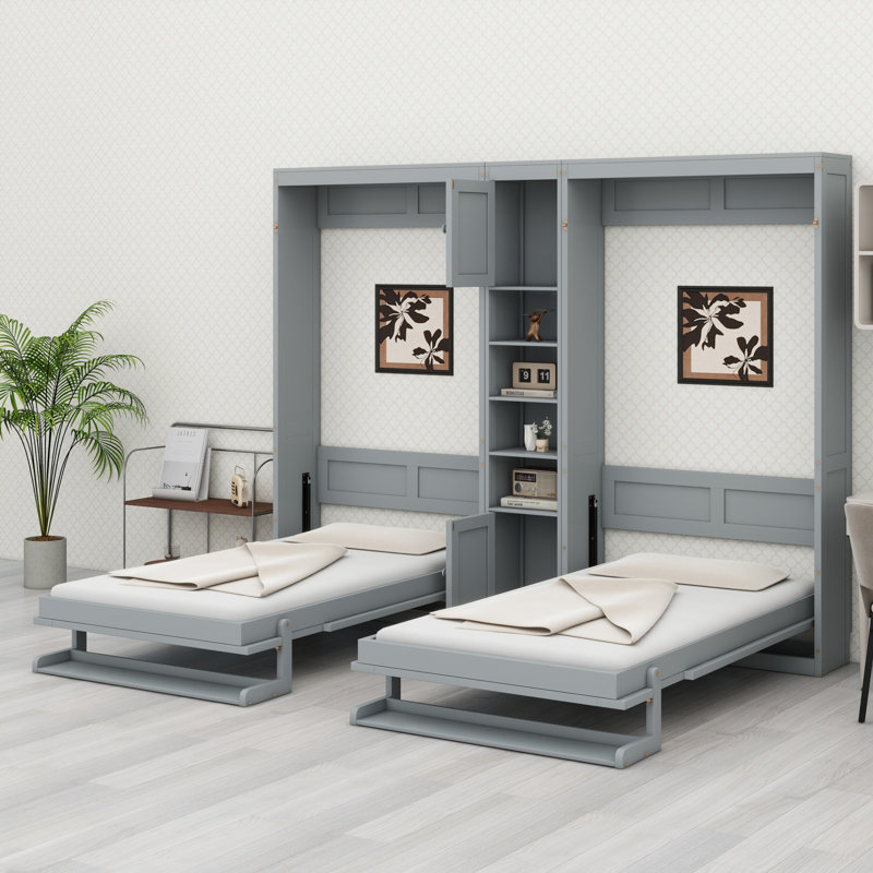 Deux lits escamotables doubles avec armoires et tablettes, Gris
