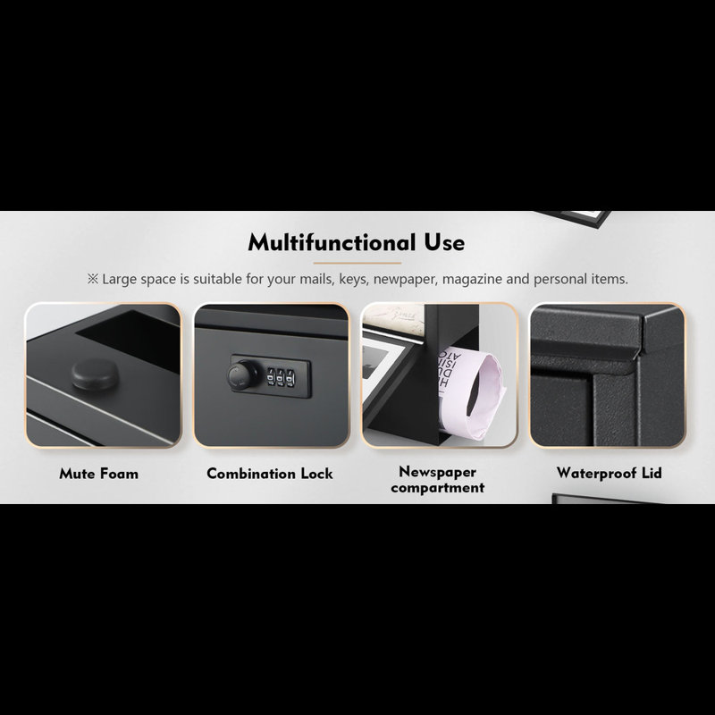 Black Metal Wall Mounted Mailbox with Combination Lock and Newspaper Compartment