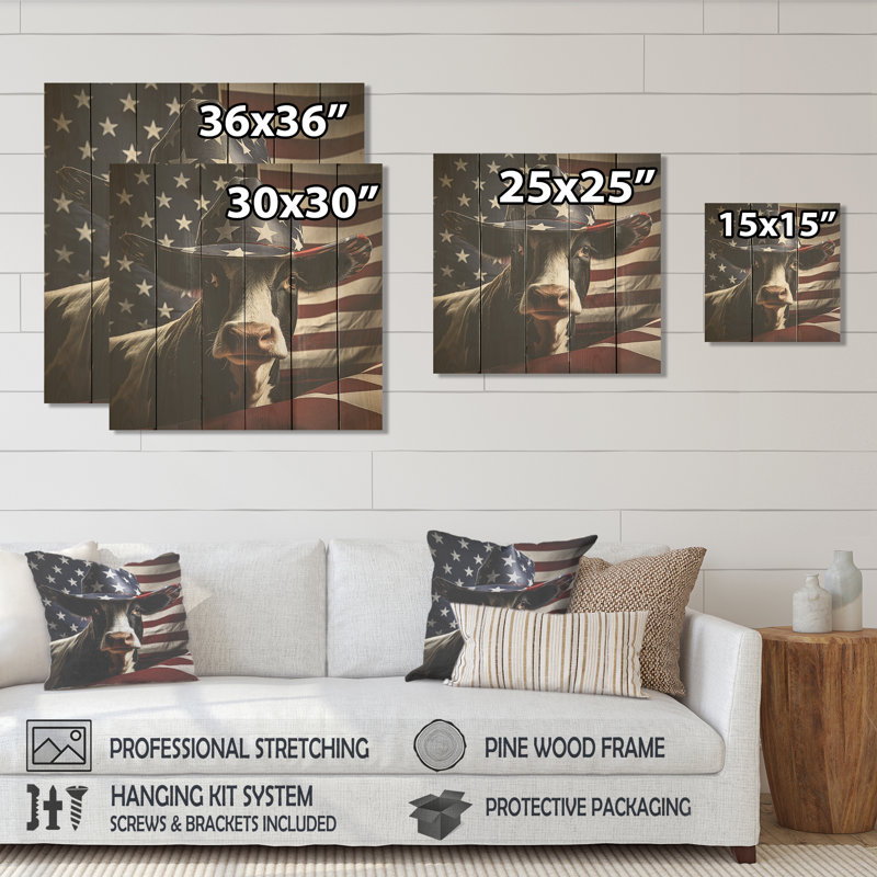 Vache patriotique aux États-Unis - Animal de vache sur bois, H 30 po x l 30 po