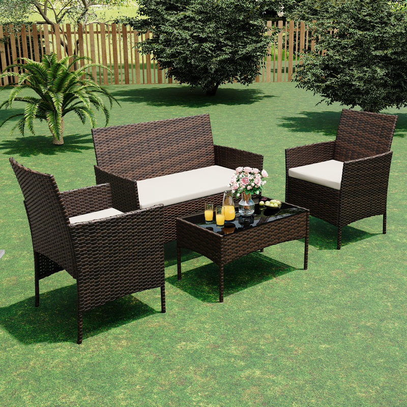 Ensemble de meubles de patio 4 pièces, ensemble de table et chaises en rotin, Beige