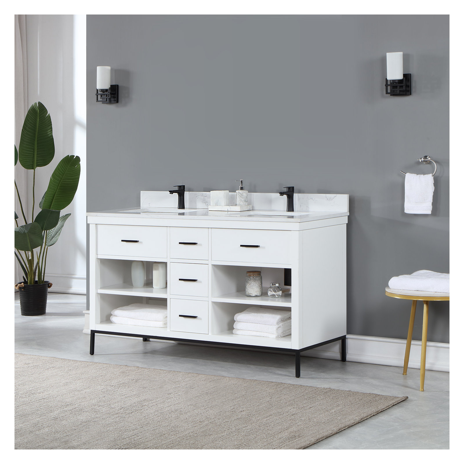 Kesia 60'' Double Bathroom Vanity, Matte Black, White