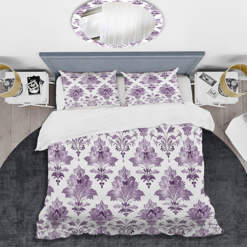 Ensemble de housse de couette mauve à motif de fleurs damassées III - Glam, Housse de couette simple + 2 taies décoratives st