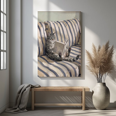 1pc, reproduction d'art sur toile encadrée, lecture, chat gris, amateur de livres tabby