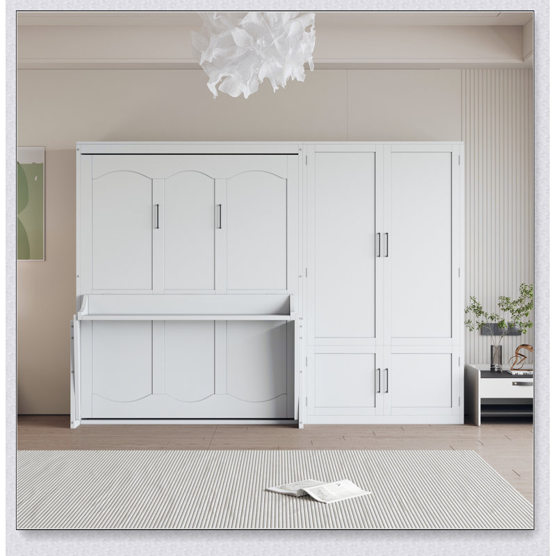 Grand lit escamotable mural avec placard, Blanc