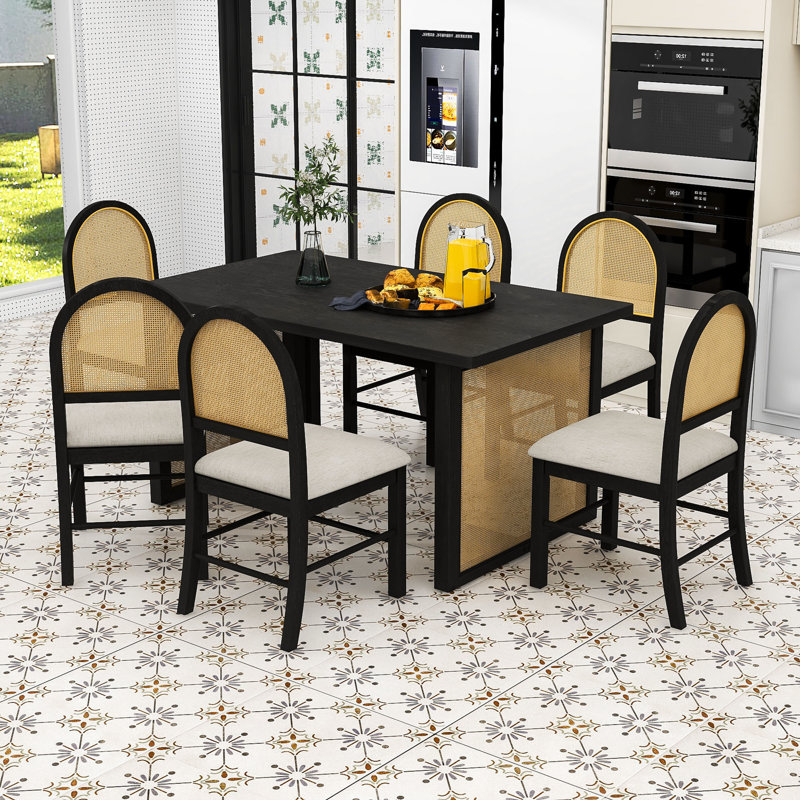 Ensemble de salle à manger de ferme 7 pièces avec plateau en placage patiné, chaises en rotin, Espresso
