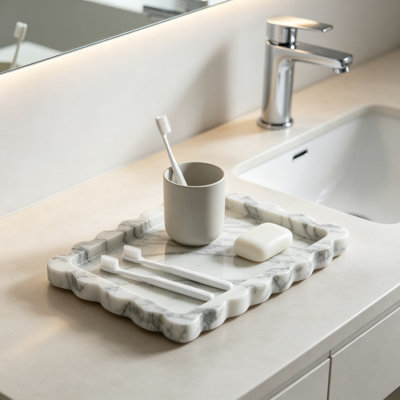Genuine Scalloped Marble Tray, Natural Stone Decorative Organizer for Bathroom, Vanity, Bedroom, Kitchen, Coffee Table, Home Decor, Calacatta Gray