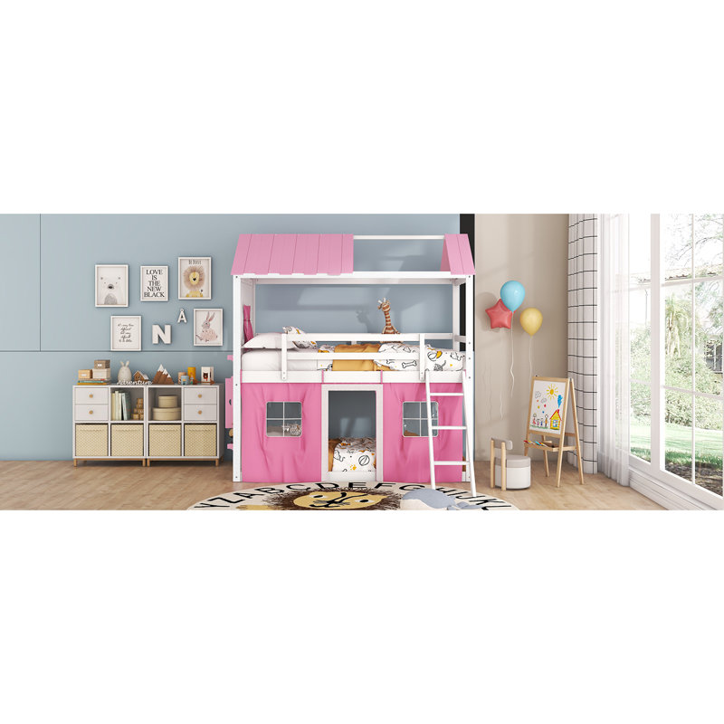 Lit superposé en bois avec fenêtres élégantes, Rose, Lit simple