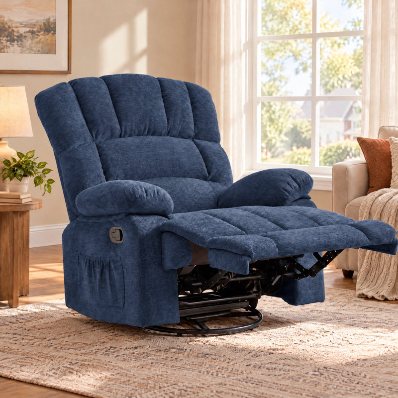 Fauteuil inclinable berçant et pivotant manuel de 39,7 po Breasha, Polyester bleu