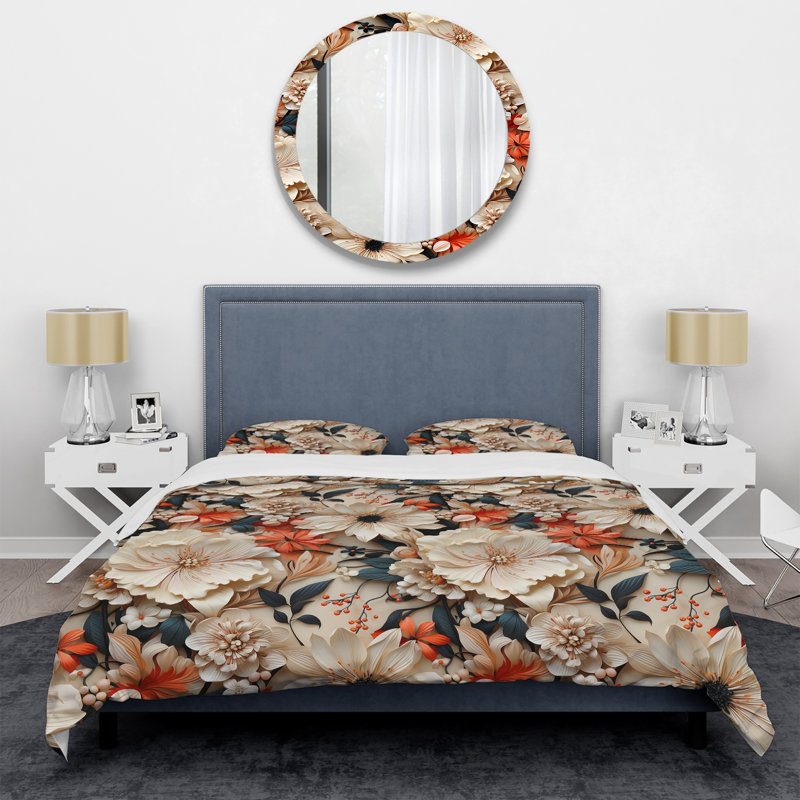 Literie rouge et beige à motif de chrysanthèmes I, Housse de couette pour très grand lit et 2 très