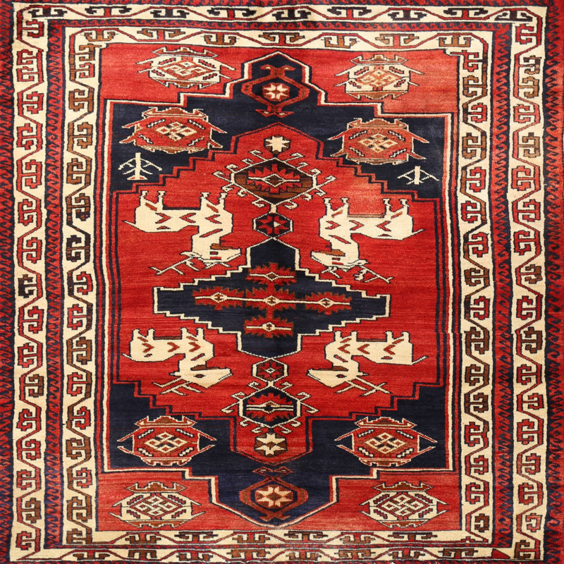 Tapis traditionnel rouge / noir / beige, Carré 6 pi