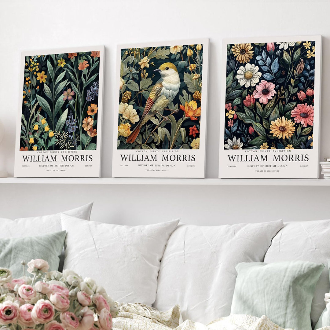 Canvas Wall Art, Vintage Botanical Poster Prints, Bright Flower Bird Aesthetic Pictures, William Morris Animal Wall Decor For Living Room Bedroom Fram