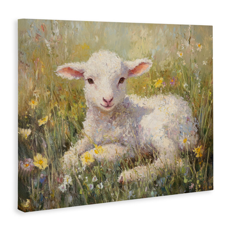 Sunlight Lamb in Flowers Canvas, design par Petal Prints Design, H 16 po x l 20 po