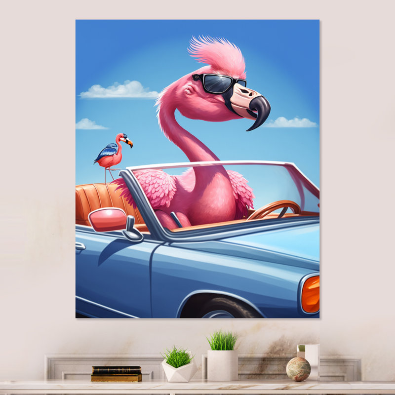 Amingo rose portant des lunettes de soleil dans une voiture de sport - animaux, art mural salon Amingo, Toile tendue