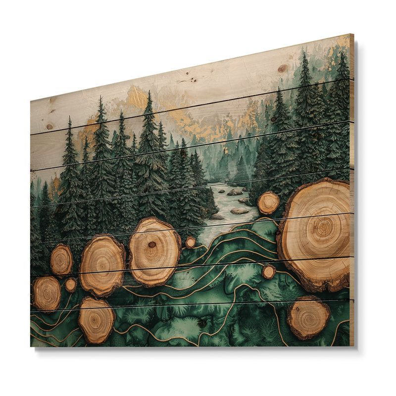 «Emerald Reflections Of The Forest Landscape I», art mural en bois forêt - sur bois de pin naturel, H 10 po x l 20 po