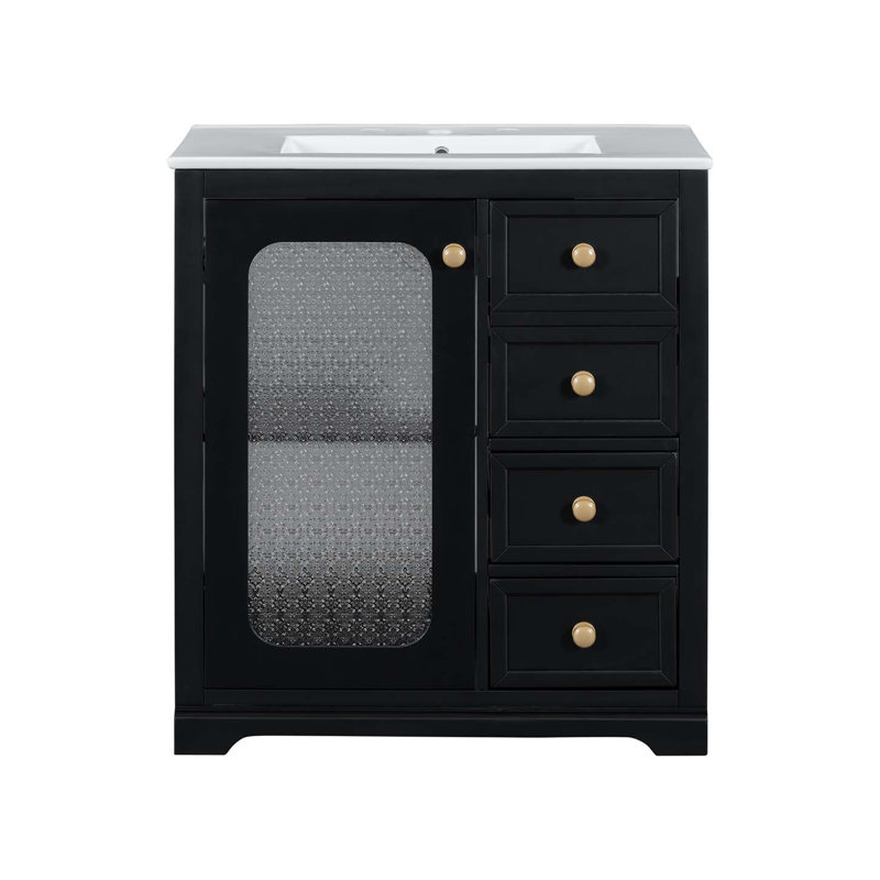 Meuble-lavabo de salle de bain avec porte en verre à fermeture en douceur, tablettes réglables et trois tiroirs, armoire d'appoint, armoire de rangement